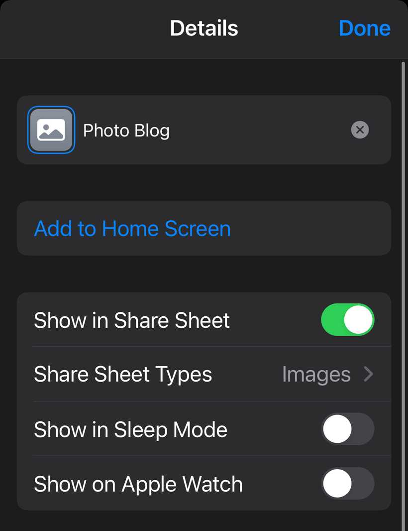 A screenshot of iOS Shortcuts showing the details of the shortcut with "Show in Share Sheet" checked and "Share Sheet Types" set to "Images'