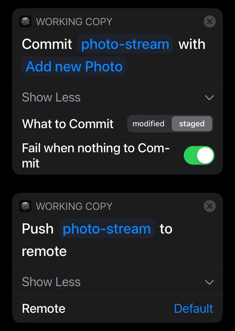 A screenshot of iOS Shortcuts showing two Working Copy actions that commit and push the changes to the repo