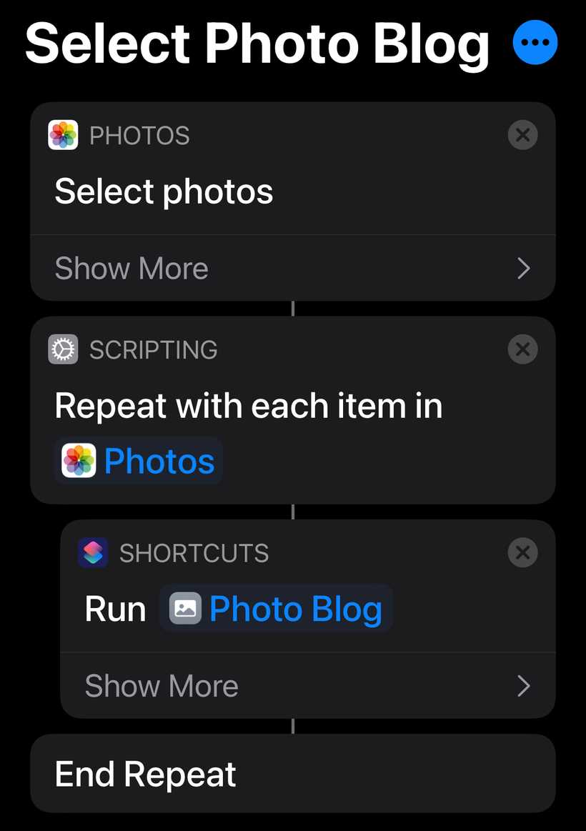A screenshot of iOS Shortcuts showing multiple actions that select images and run each one through the "Photo Blog" shortcut