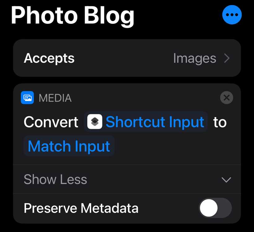 A screenshot of iOS Shortcuts showing that it accepts images and an action that will strip out the metadata from that image