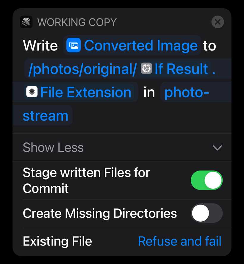 A screenshot of iOS Shortcuts showing a Working Copy action that will write the converted image to a directory in the repo, name it based on the input text, stage it for commit, and fail if there is an existing file