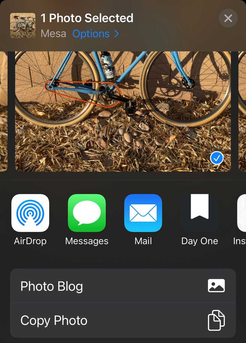 A screenshot of the iOS Share Sheet for an image with "Photo Blog" as one of the options
